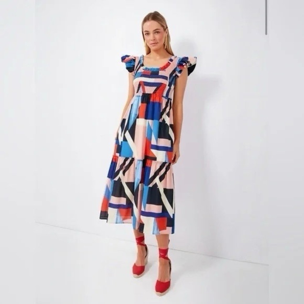 Tuckernuck Mallie Smocked Midi Dress XS | Yachtman Code Print | 100% Cotton